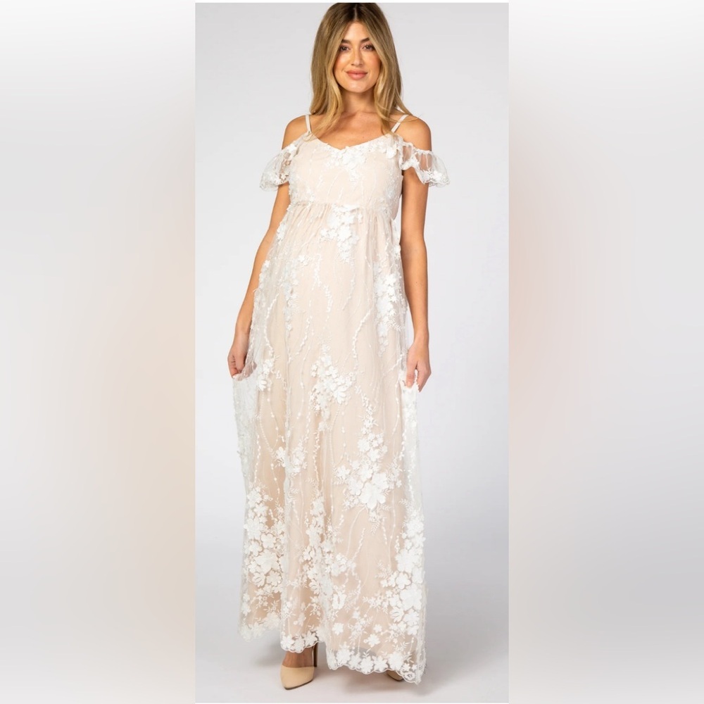 Pinkblush-Minuet Ivory Floral Embroidered Mesh Maternity Evening* New